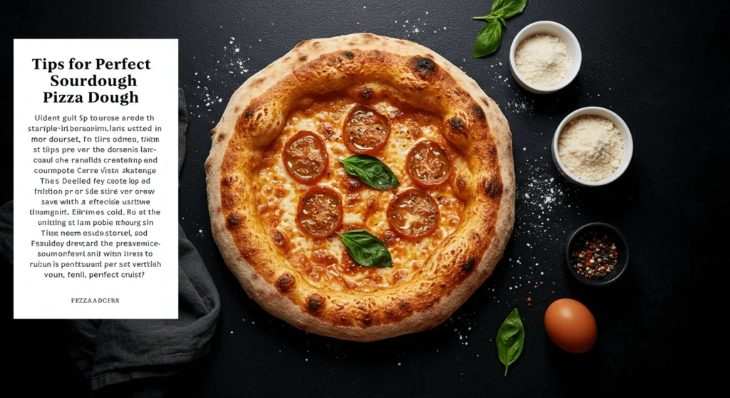 A freshly baked sourdough pizza with a golden crust, topped with tomatoes, basil, and cheese, placed on a dark surface alongside ingredients like parmesan, pepper, and an egg, with a text box providing tips for making the perfect sourdough pizza dough.