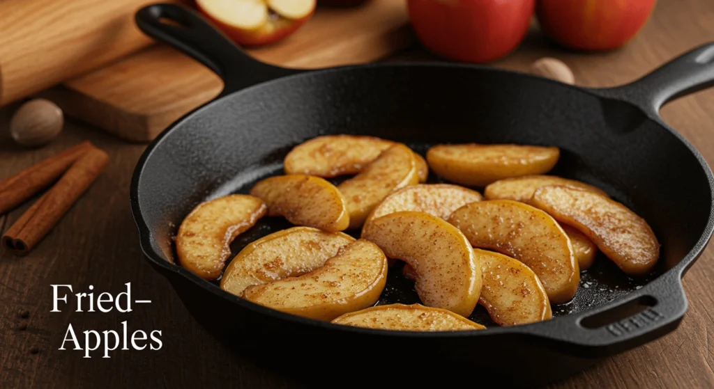 A cast iron skillet filled with golden-brown fried apple slices, seasoned with cinnamon and sugar, with whole apples and spices in the background.