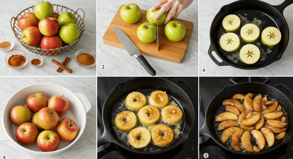 A step-by-step collage of preparing fried apples, showing ingredients, slicing, cooking, and the final caramelized apple slices in a cast iron skillet.