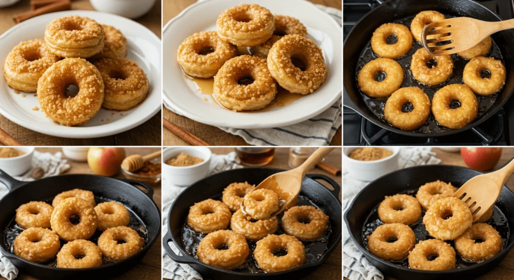 A step-by-step collage of frying apple rings coated in a crispy topping, showing the cooking process and the final dish served with syrup.