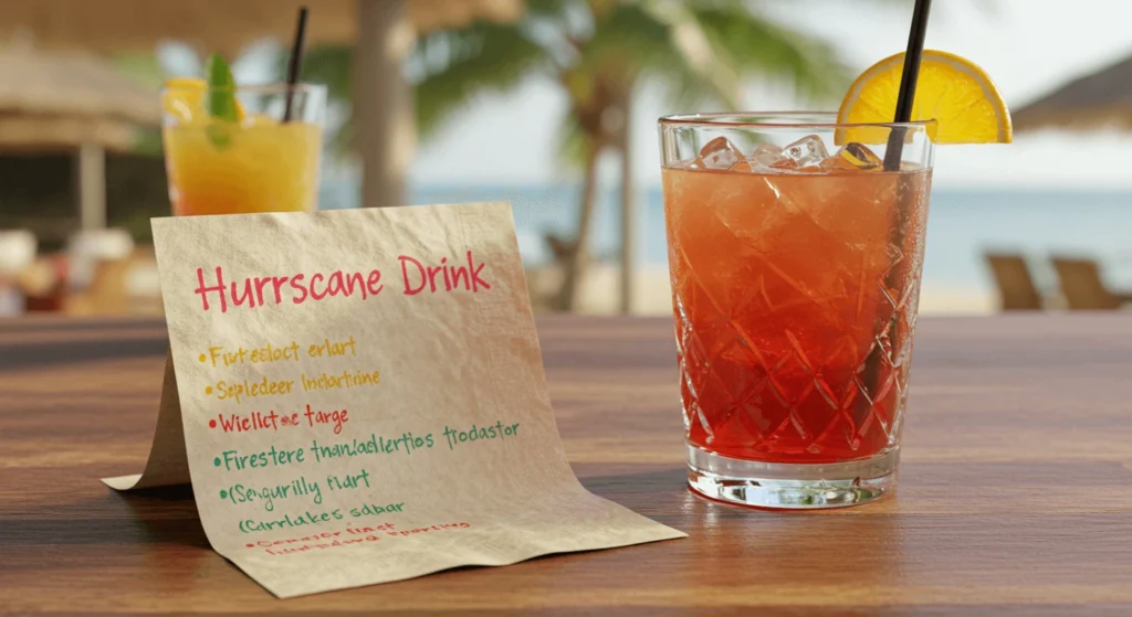 A cocktail glass with a red drink, garnished with an orange slice, sits on a wooden table by the beach. A handwritten menu card labeled "Hurrscane Drink" with misspelled ingredients is placed next to the drink.