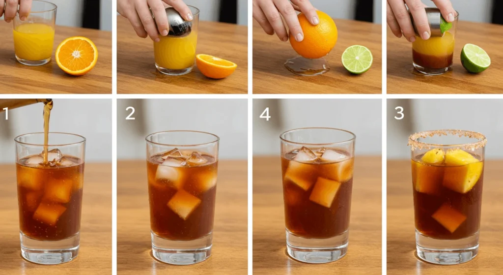 A step-by-step visual guide showing the preparation of a fruit-based cocktail, with ingredients like orange juice, lime, and ice, ending with a garnished drink.