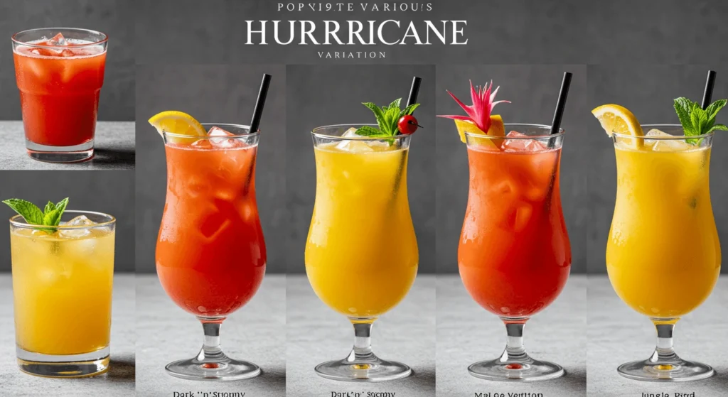 A collection of different variations of the Hurricane cocktail, displayed in elegant glasses with colorful garnishes, showcasing various flavors and presentations.