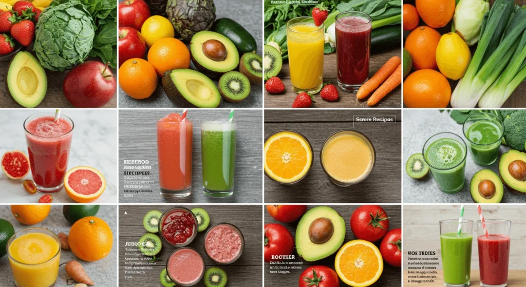 A collection of vibrant fruit and vegetable smoothies in various colors, including red, green, and orange, garnished with fresh ingredients such as beets, oranges, cucumbers, and spinach.