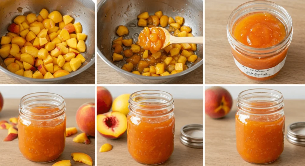 A step-by-step process of making homemade peach jam, showing chopped peaches, cooking stages, and the final jarred product.