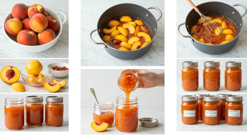 A step-by-step visual guide to making peach jam, showing fresh peaches, cooking process, and final jarred jam.