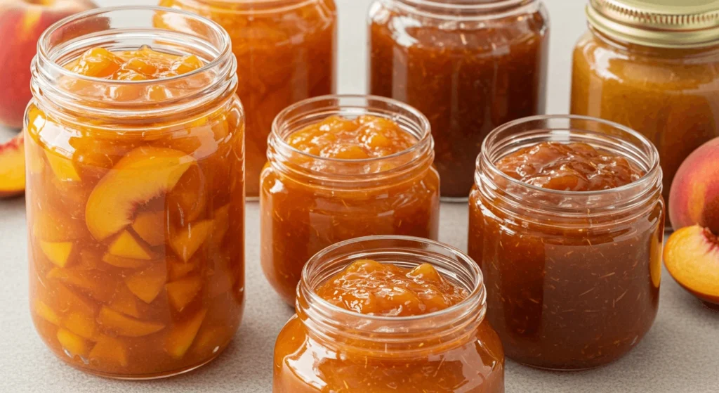 A collection of glass jars filled with homemade peach preserves, showcasing different textures and consistency.