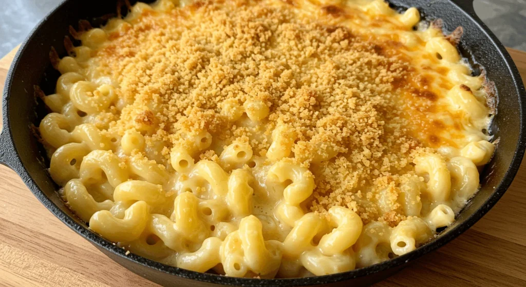 A close-up view of creamy macaroni and cheese with a crispy breadcrumb topping.