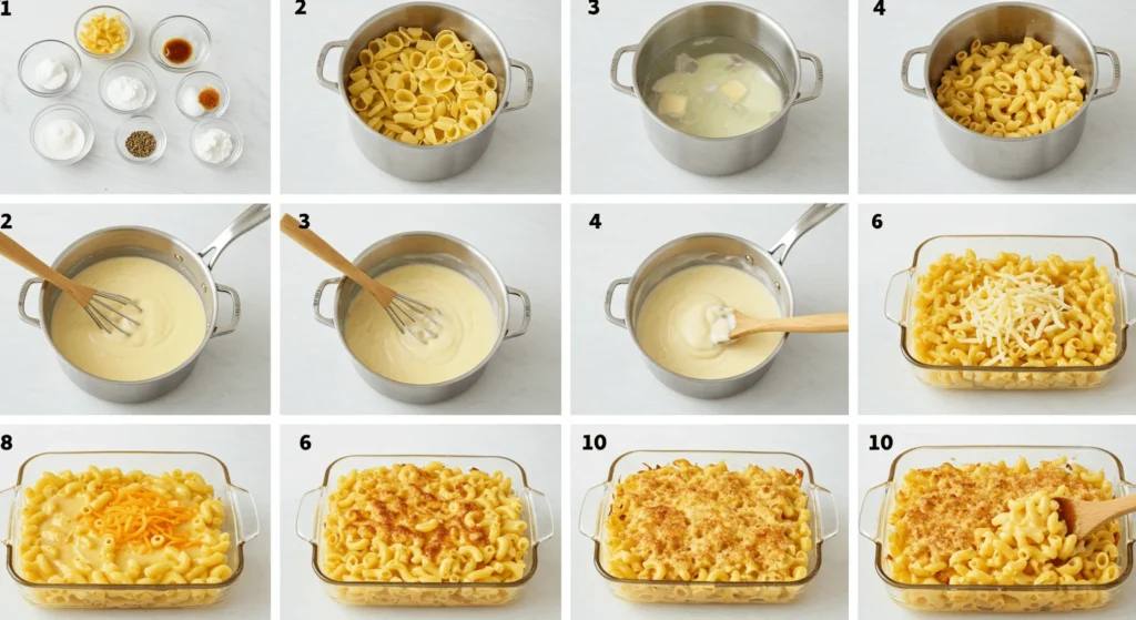 Step-by-step process of making homemade macaroni and cheese.