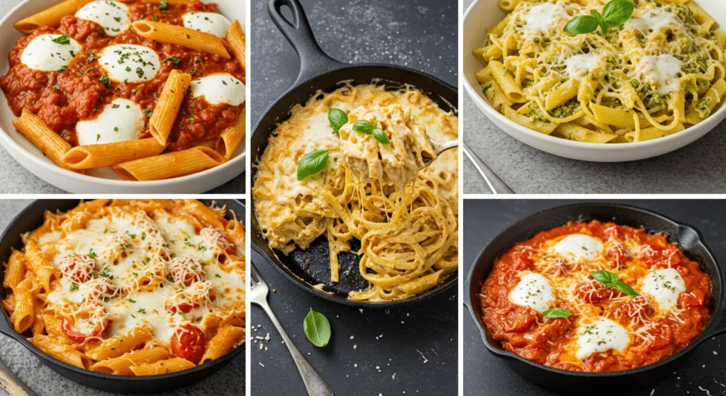 Various pasta dishes featuring cheese and fresh basil.