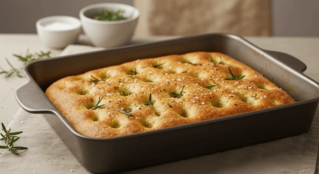 Freshly baked focaccia bread with rosemary and sea salt.