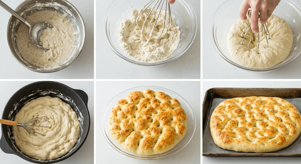 Step-by-step process of making focaccia bread.