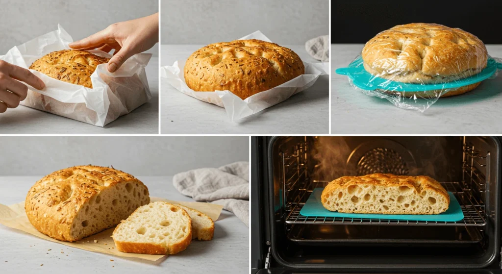 Step-by-step process of making rustic bread from preparation to baking.