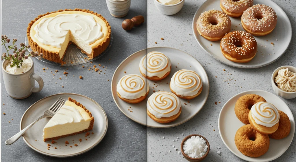 A variety of sweet desserts including a cheesecake, donuts with icing, and cinnamon swirl cookies on plates.