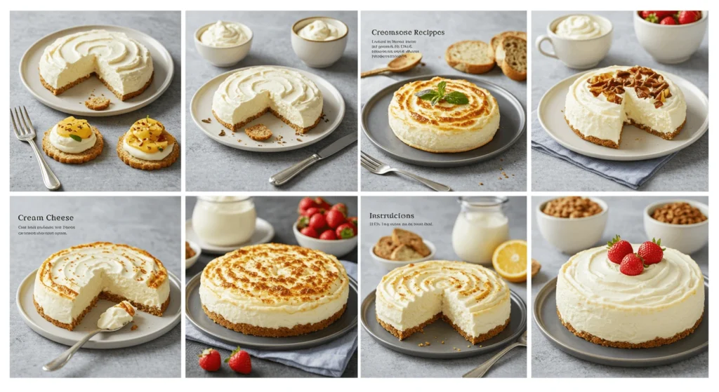 A collection of cheesecake images and cream cheese recipes, showing different variations and toppings like fruit, caramel, and granola.