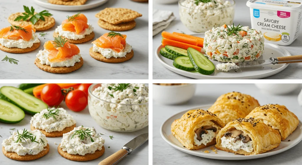 Savory cream cheese dishes including crackers with smoked salmon, vegetable dip, and mushroom-filled puff pastry.