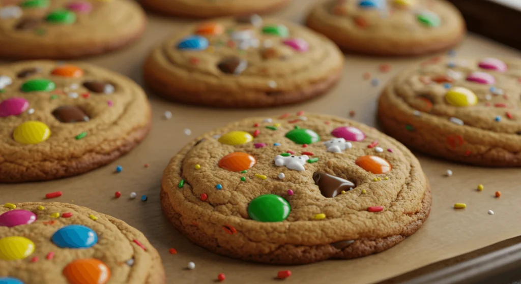 A close-up view of freshly baked cookies topped with colorful candy-coated chocolates and sprinkles.