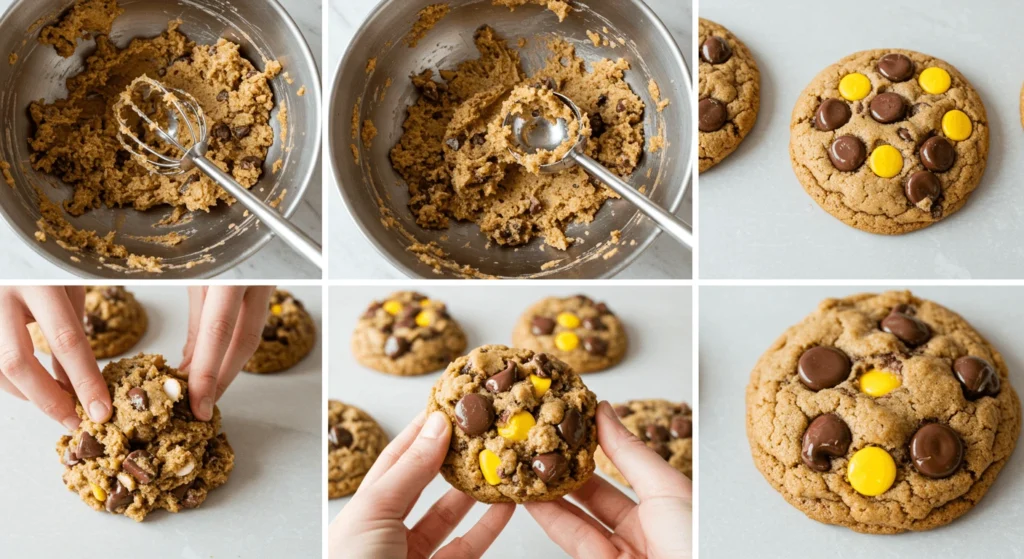 A step-by-step process of making chocolate chip cookies with yellow and brown candy pieces.