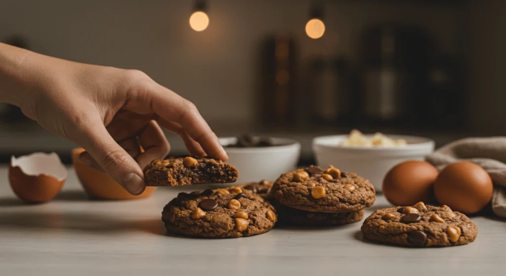 A hand picking up a freshly baked chocolate chip cookie with butterscotch chips, surrounded by ingredients like eggs and chocolate in the background.