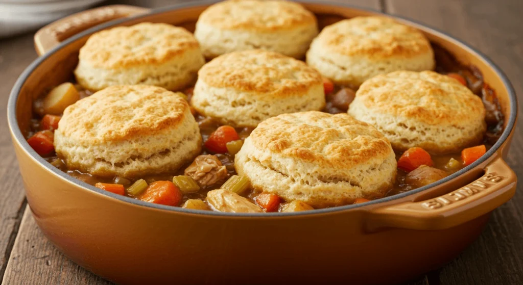 A close-up of a homemade chicken pot pie topped with golden-brown biscuits in a round baking dish.