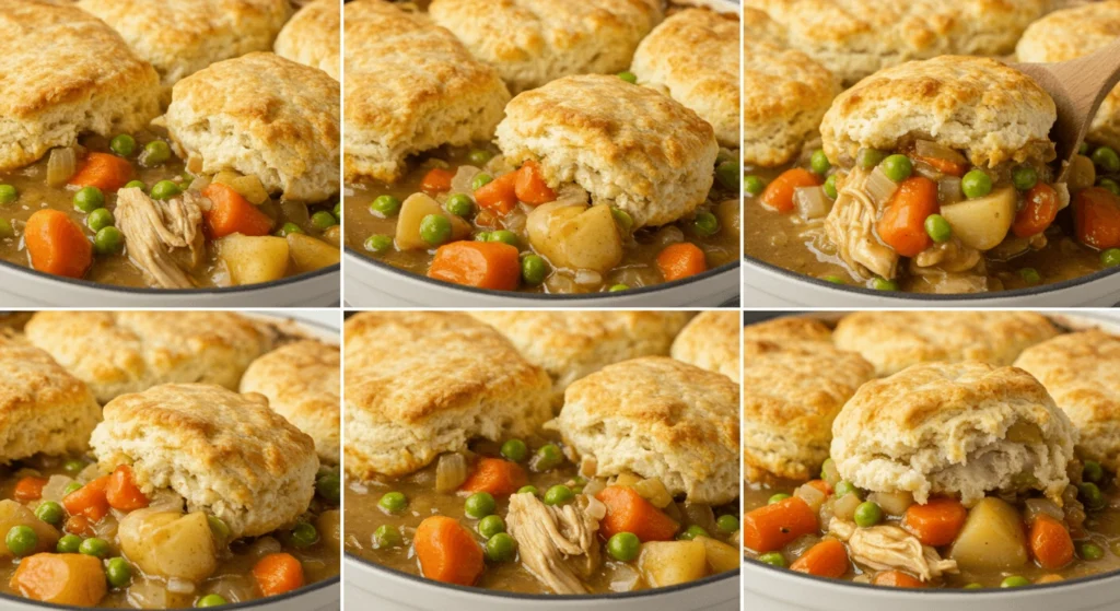 A collage of six close-up images of a homemade chicken pot pie with golden biscuits, showing tender chicken, vegetables, and a rich gravy.