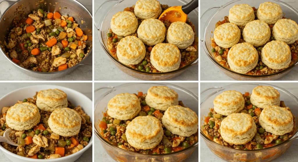 A collage of six images showing the preparation and serving of chicken and vegetable pot pie with biscuit topping in a glass baking dish.