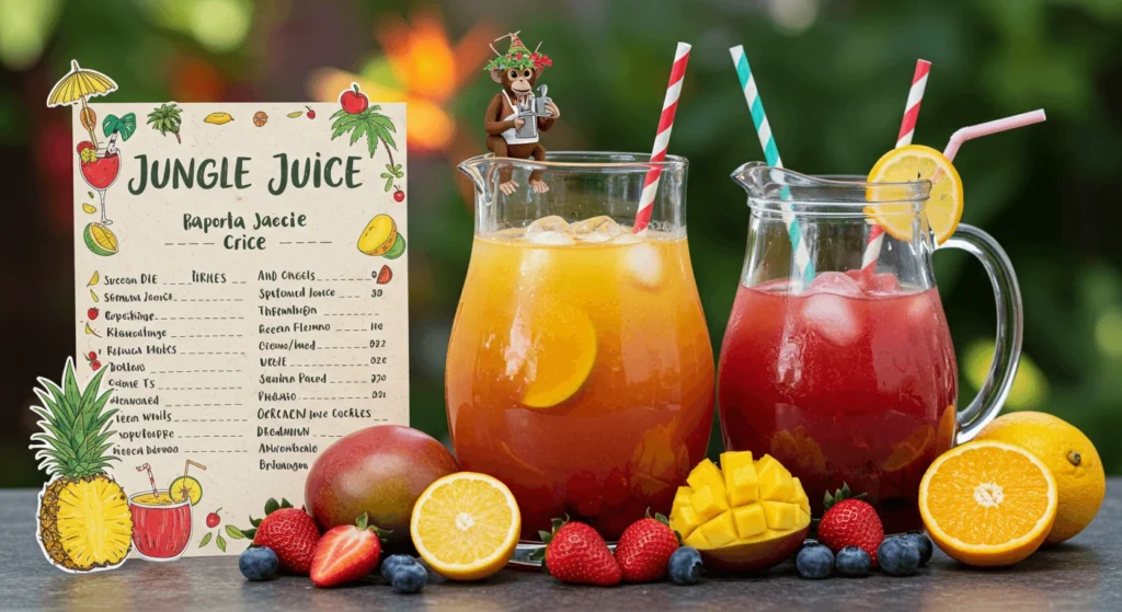 A colorful display of two pitchers of fruit juice with a tropical-themed menu in the background, surrounded by fresh fruits such as oranges, strawberries, and mangoes.