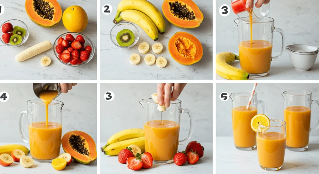 A step-by-step process of making a tropical fruit smoothie using ingredients like papaya, banana, kiwi, strawberries, and orange.