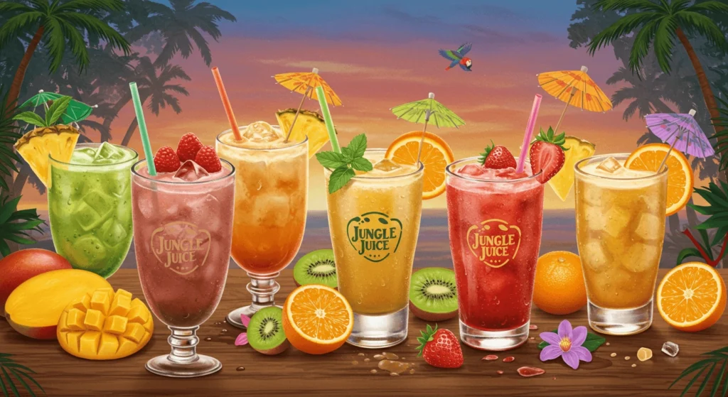 A vibrant display of colorful tropical fruit juices in tall glasses, garnished with fresh fruit and decorative umbrellas, set against a sunset beach backdrop.