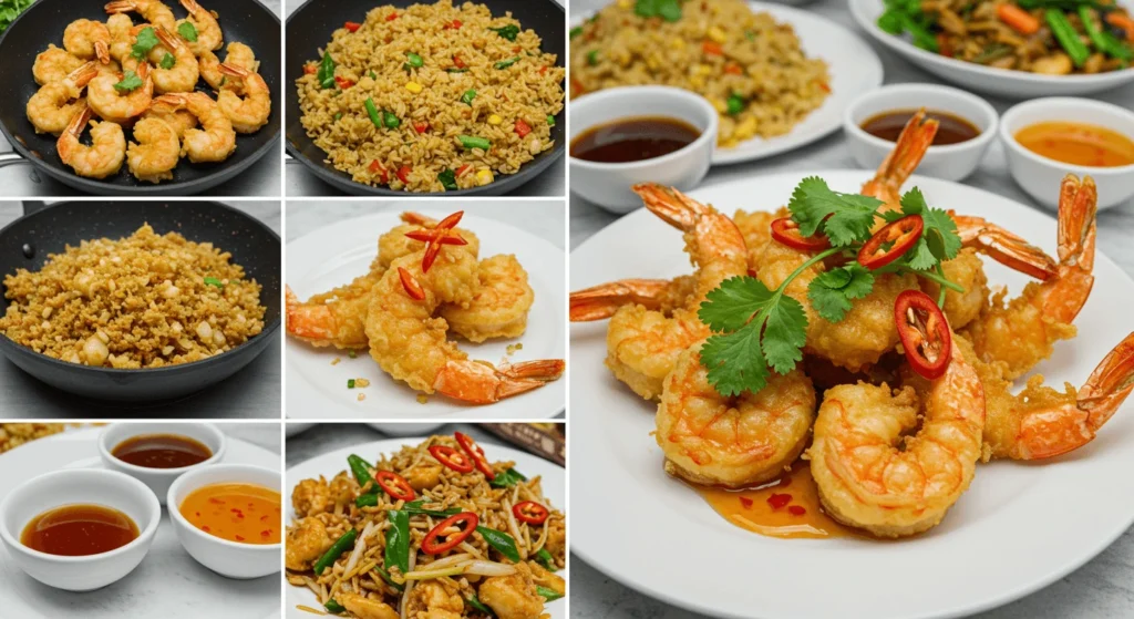 Shrimp dishes served with fried rice and dipping sauces.