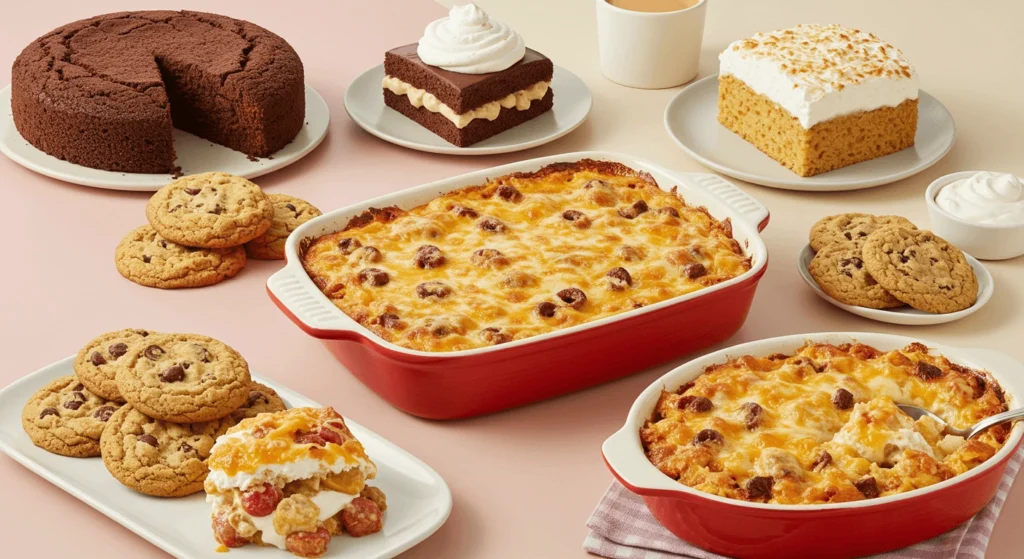 A variety of desserts including chocolate cake, cookies, a slice of cake, and a casserole dish with melted cheese and ingredients.