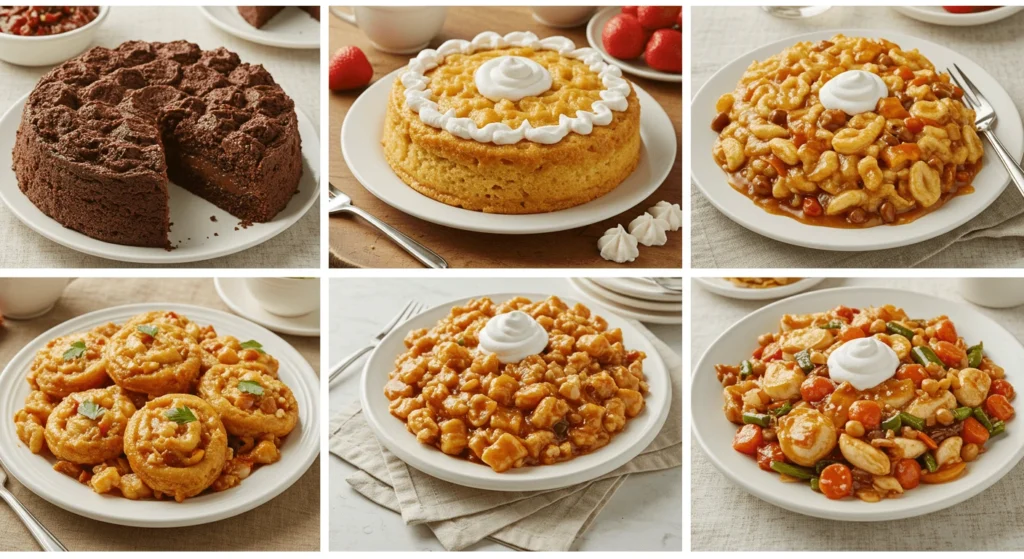 A variety of cakes and savory dishes including chocolate cake, a yellow cake with whipped cream, and several casserole-like meals.