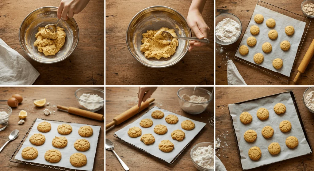  Step-by-step process of mixing, shaping, and baking cookies on a wooden table with ingredients and tools.