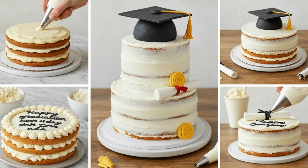 A collage of six images showing the preparation and decoration of graduation cakes.