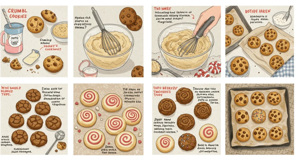 Illustrated step-by-step process of making Crumbl cookies, from mixing dough to baking and decorating.