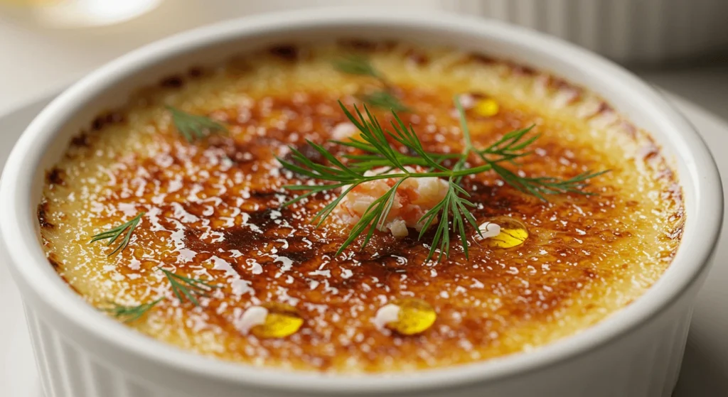 Close-up of a crème brûlée dessert topped with fresh dill and a sprinkling of coarse sugar, served in a white ceramic ramekin.