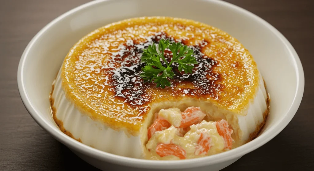 Close-up of a savory crème brûlée with a caramelized top, garnished with parsley, in a white bowl.