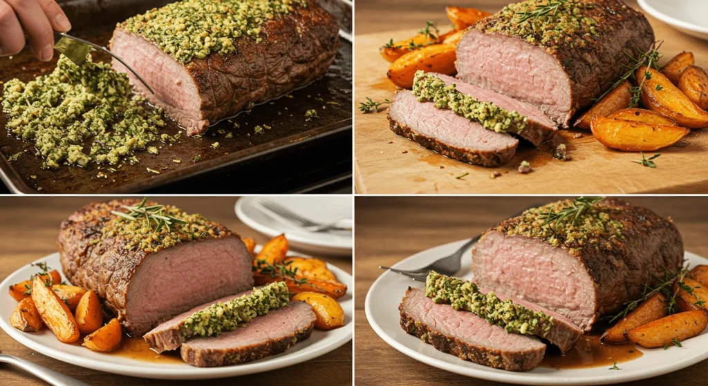 Herb-crusted bottom round roast served with roasted carrots, plated beautifully for a delicious meal.