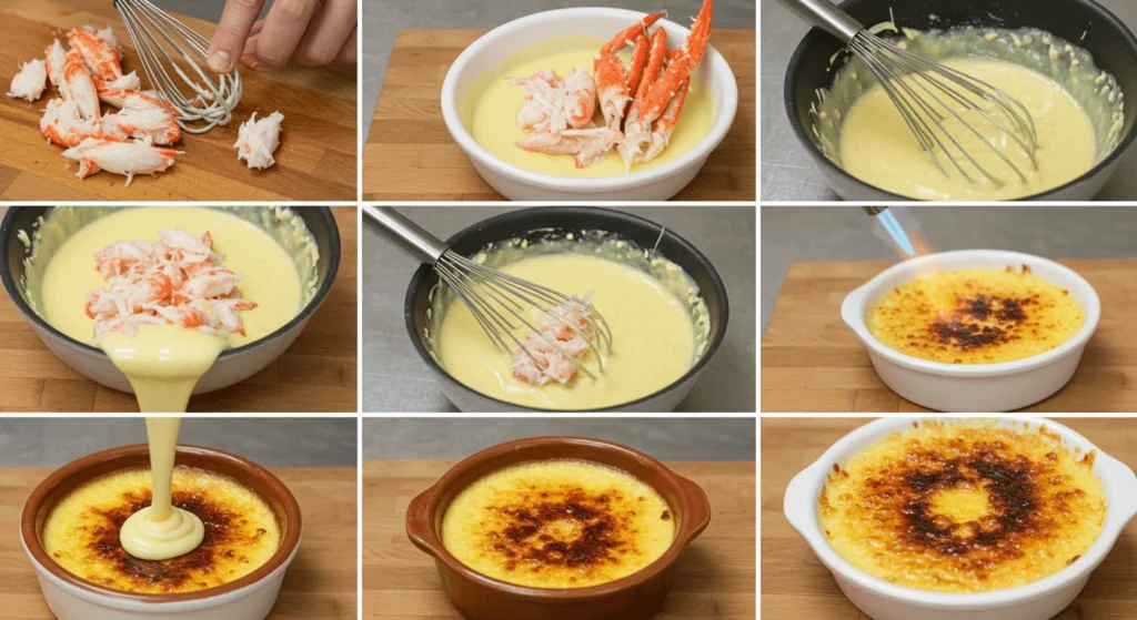 Step-by-step preparation of savory crème brûlée with crab meat, from ingredient prep to final torching of sugar topping.