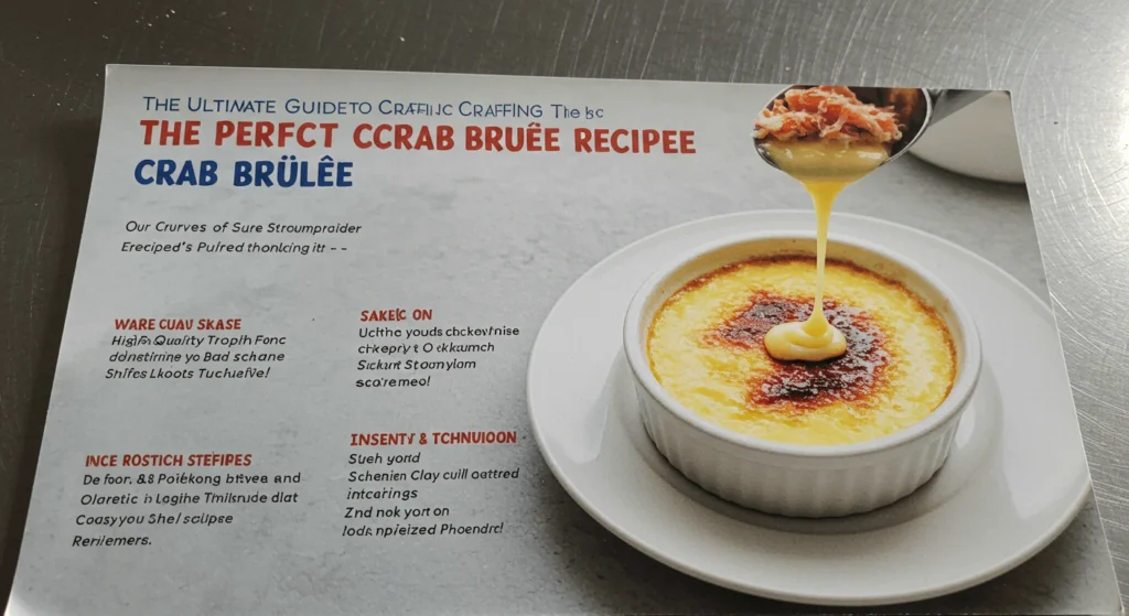 An advertisement for a crab brûlée recipe featuring a photo of the dish with a spoon lifting some crab filling.