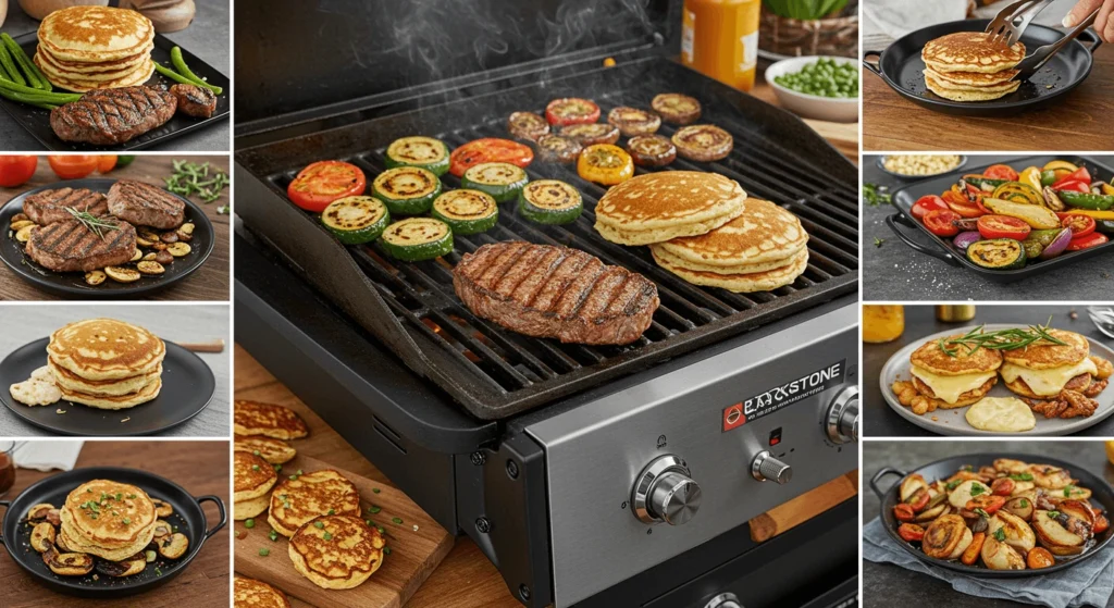 A collage of images showcasing various foods being cooked on a grill, including steaks, pancakes, and mixed vegetables.