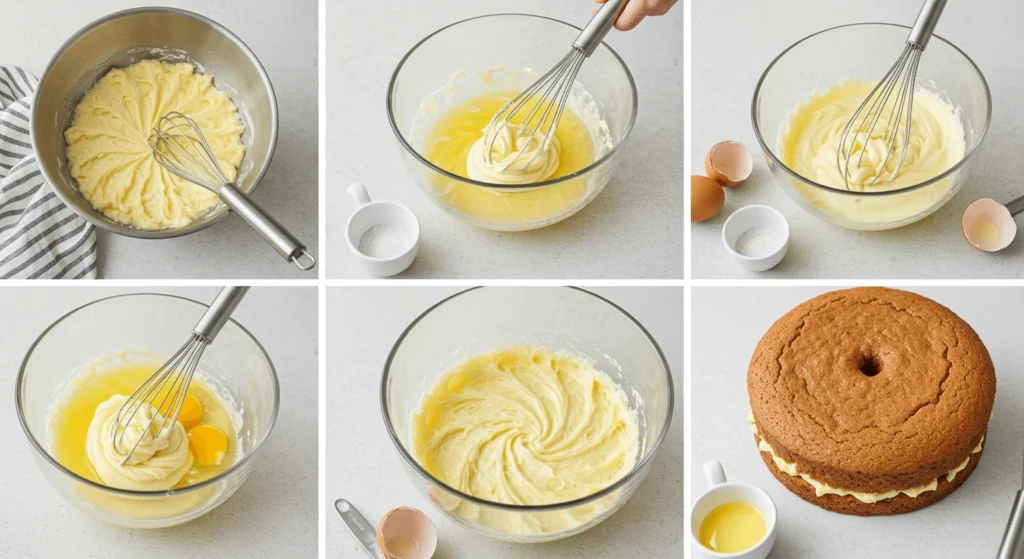 Step-by-step images showing the preparation of a cake batter and the finished cake.