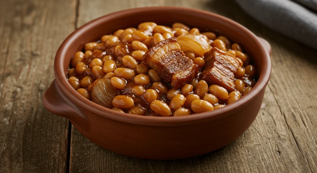  A bowl of baked beans topped with caramelized onions and chunks of pork belly, served in a rustic clay pot.