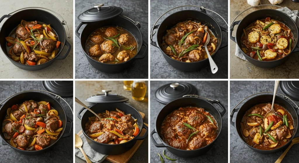 Collage of eight Dutch oven dishes, featuring stews, meatballs, roasted vegetables, and hearty meals.