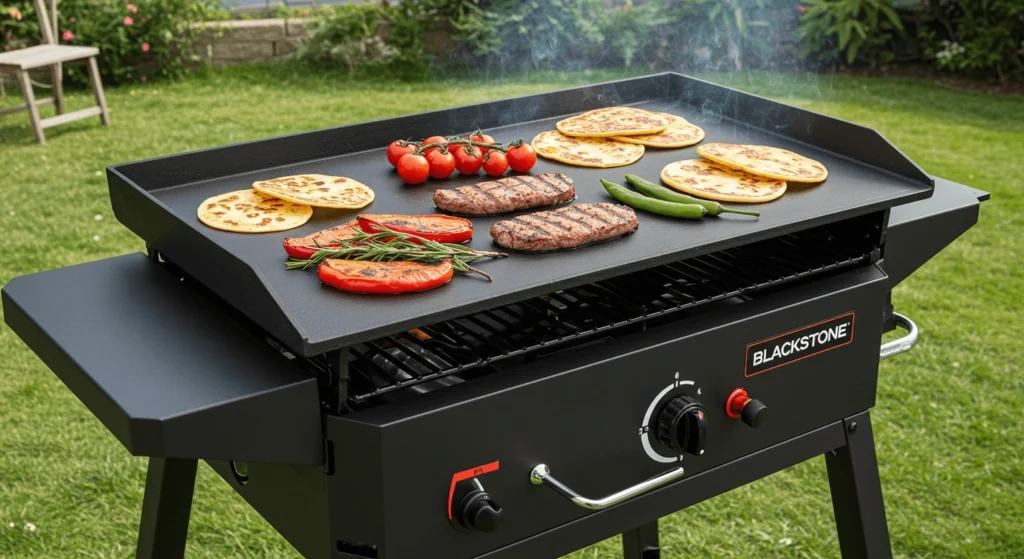 A Blackstone grill outdoors with various foods cooking on it, including steaks, flatbreads, and vegetables.