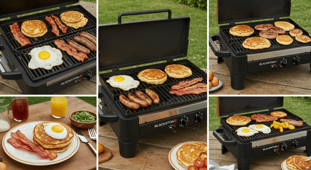 A series of images featuring a breakfast spread being cooked on a Blackstone grill, including pancakes, eggs, bacon, and sausages.