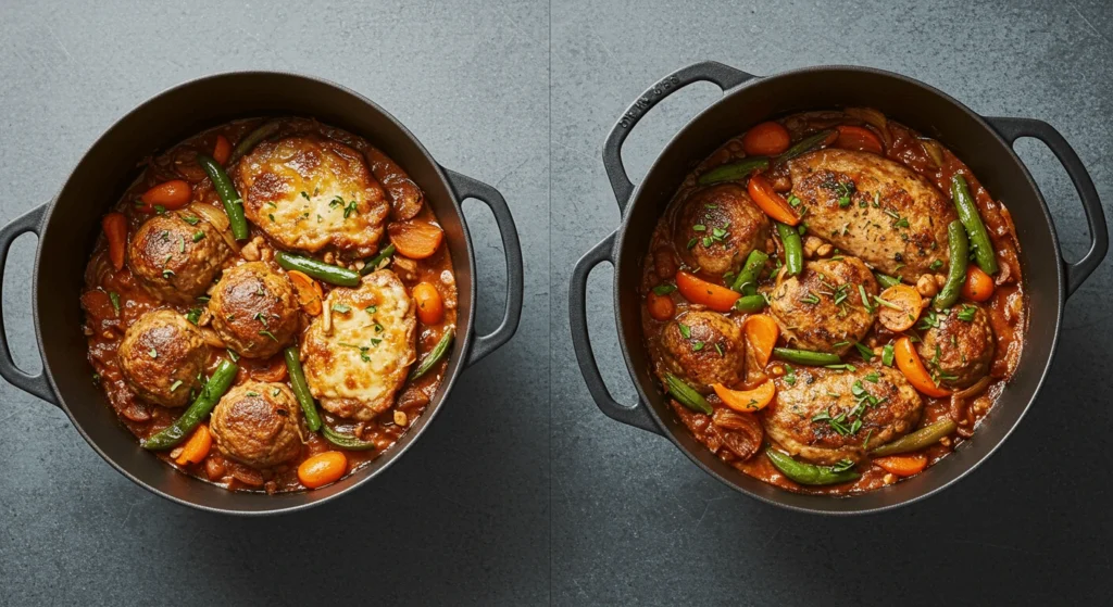 Dutch oven filled with a hearty stew of meatballs, carrots, green beans, and rich tomato-based sauce.