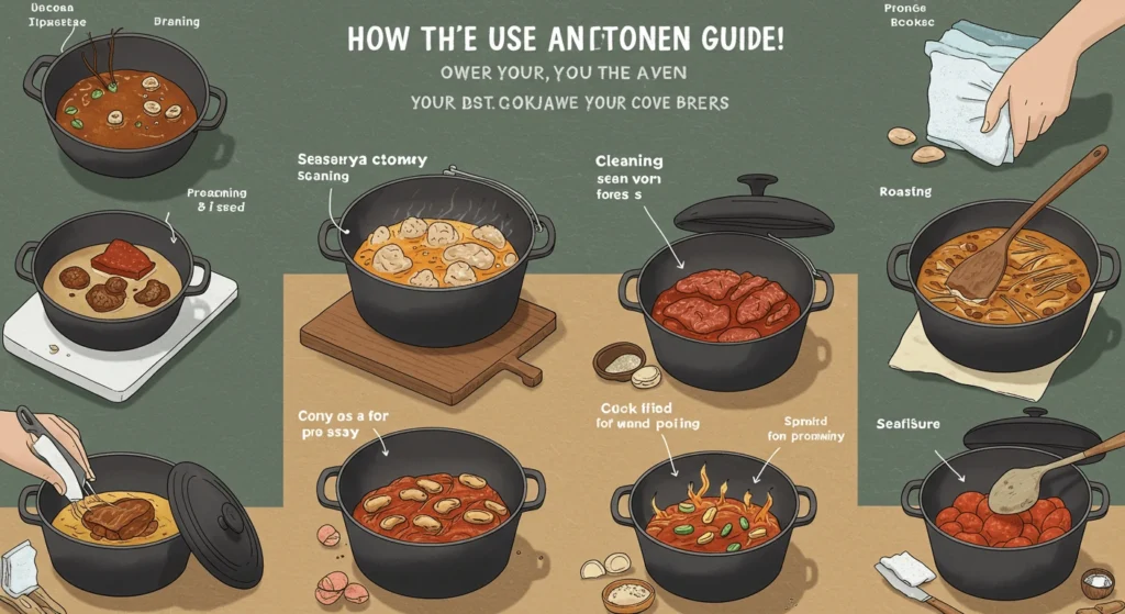 Illustrated guide showcasing various Dutch oven cooking techniques like braising, roasting, searing, and cleaning.