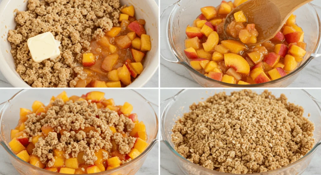 "Step-by-step process of making a fruit crumble dessert in a glass baking dish."