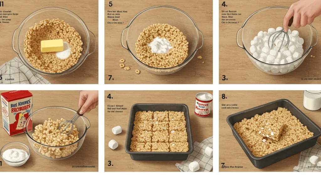 Illustrated step-by-step instructions for making Rice Krispie treats, showing ingredients and preparation process.